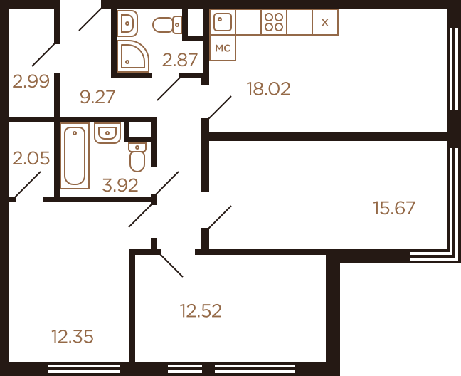 Трёхкомнатная квартира 79.74 м²