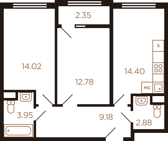 Двухкомнатная квартира 59.56 м²
