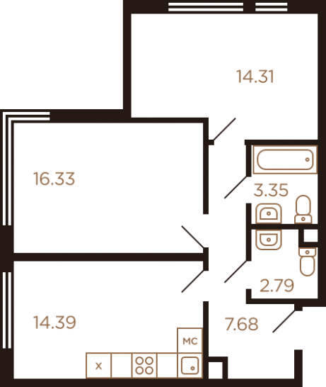 Двухкомнатная квартира 58.85 м²