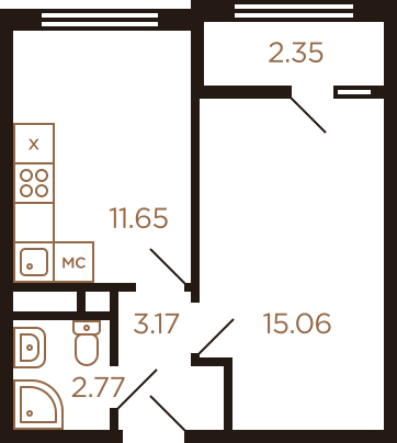 Однокомнатная квартира 35 м²