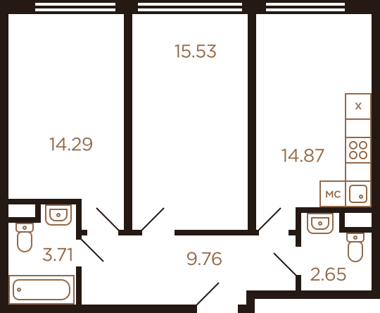 Двухкомнатная квартира 60.81 м²