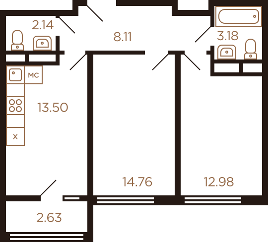 Двухкомнатная квартира 57.3 м²