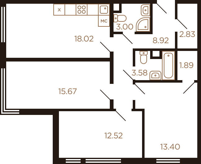 Трёхкомнатная квартира 79.83 м²