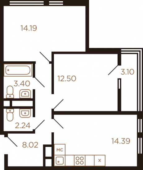 Двухкомнатная квартира 57.84 м²