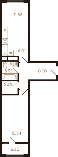 Двухкомнатная квартира 49.78 м²