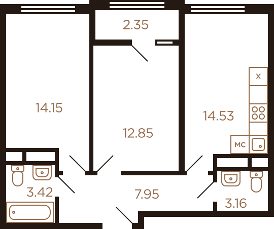 Двухкомнатная квартира 58.41 м²