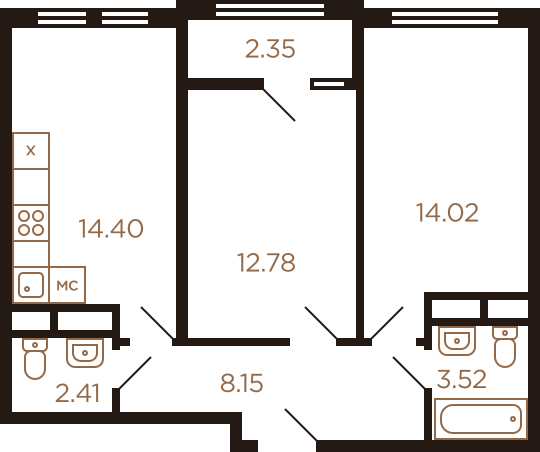 Двухкомнатная квартира 57.63 м²