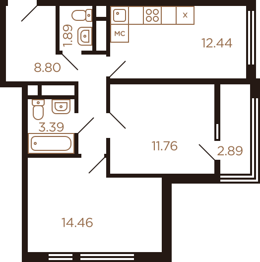 Двухкомнатная квартира 55.63 м²