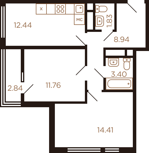 Двухкомнатная квартира 55.62 м²