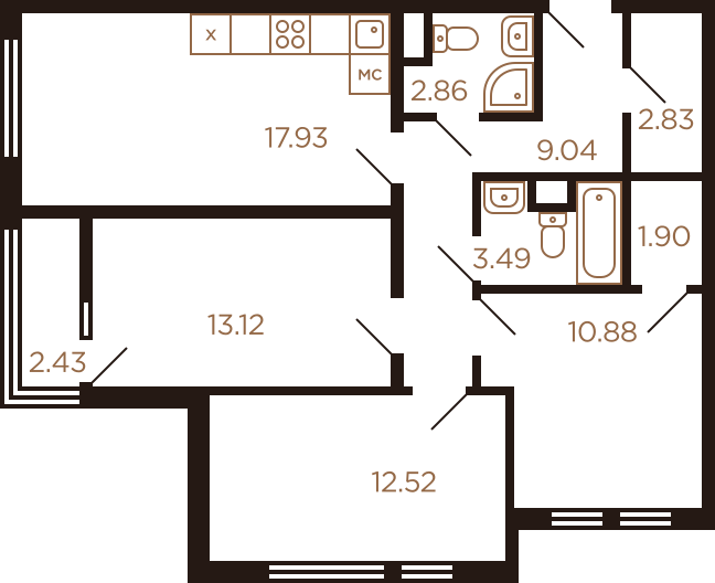 Трёхкомнатная квартира 77 м²