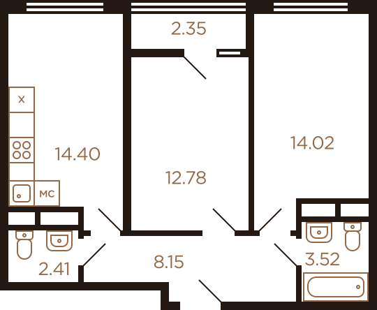 Двухкомнатная квартира 57.63 м²