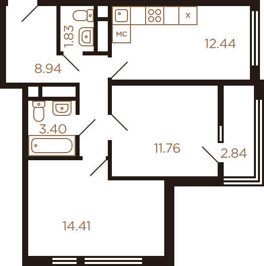 Двухкомнатная квартира 55.62 м²