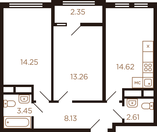 Двухкомнатная квартира 58.67 м²