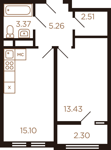 Однокомнатная квартира 41.97 м²