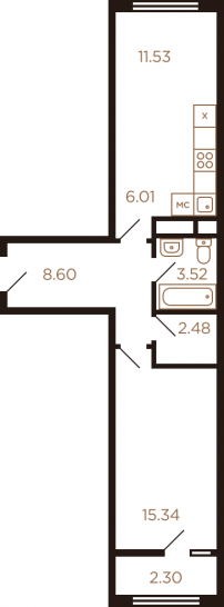 Двухкомнатная квартира 49.78 м²