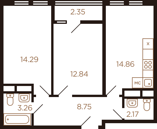 Двухкомнатная квартира 58.52 м²