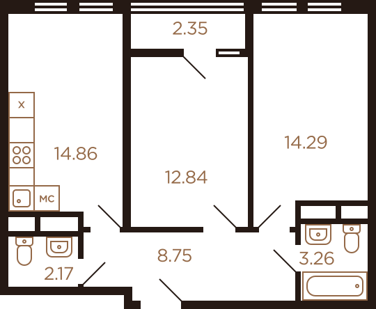 Двухкомнатная квартира 58.52 м²