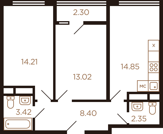 Двухкомнатная квартира 58.55 м²