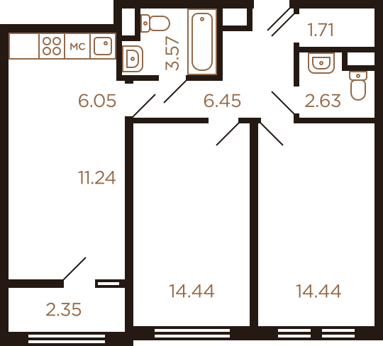 Трёхкомнатная квартира 62.88 м²