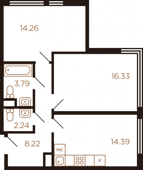 Двухкомнатная квартира 59.23 м²