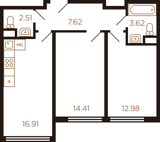 Двухкомнатная квартира 58.05 м²
