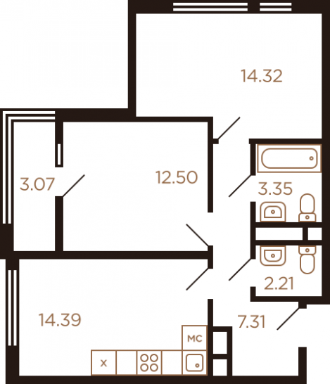 Двухкомнатная квартира 57.15 м²