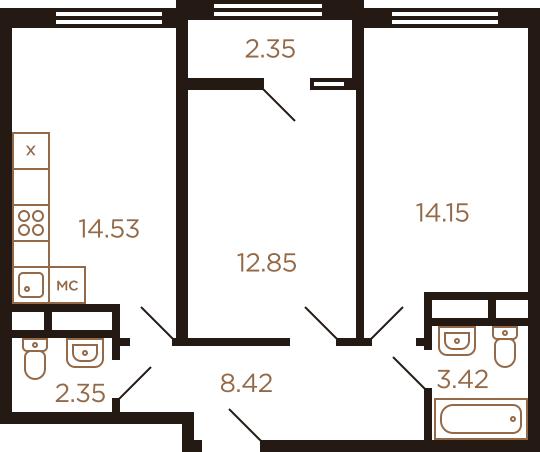 Двухкомнатная квартира 58.05 м²