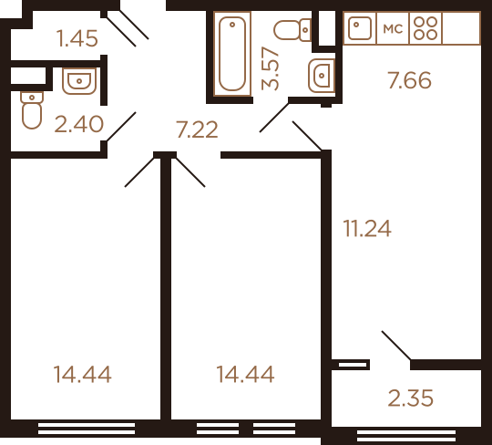 Трёхкомнатная квартира 64.77 м²