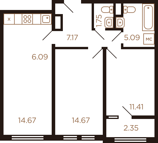 Трёхкомнатная квартира 63.2 м²