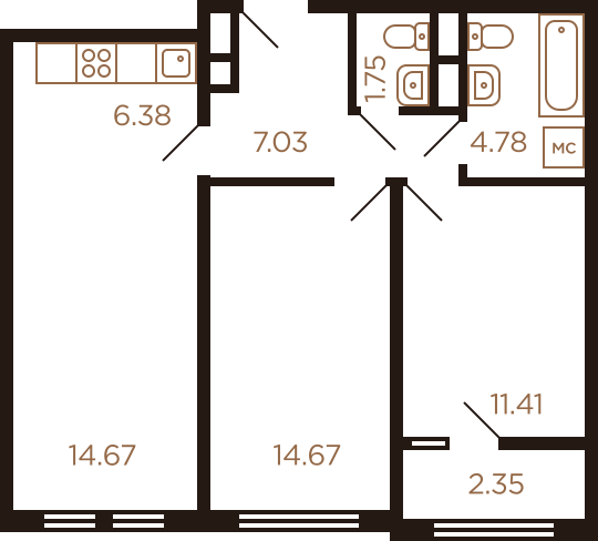 Трёхкомнатная квартира 63.04 м²
