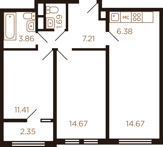 Трёхкомнатная квартира 61.96 м²