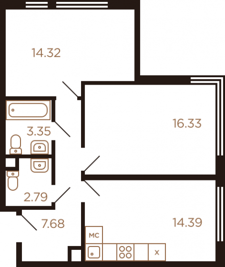 Двухкомнатная квартира 58.86 м²