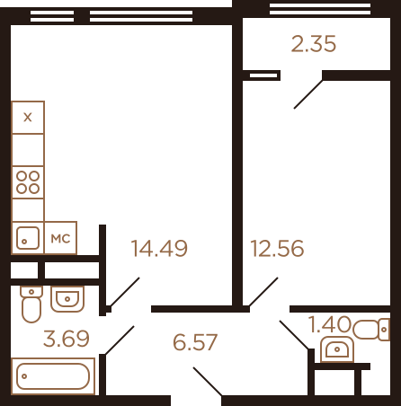 Двухкомнатная квартира 48.6 м²