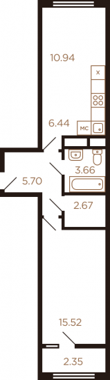 Двухкомнатная квартира 47.28 м²