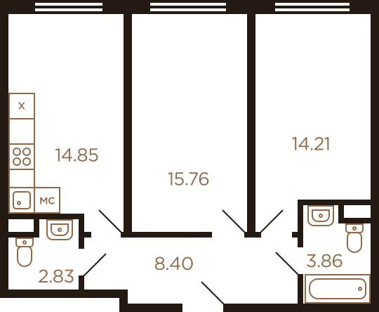 Двухкомнатная квартира 59.91 м²