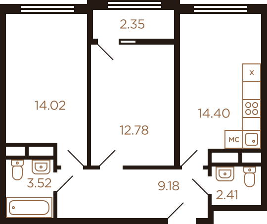 Двухкомнатная квартира 58.66 м²