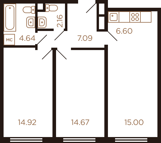 Трёхкомнатная квартира 65.08 м²