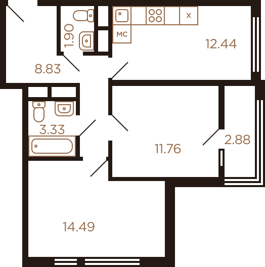 Двухкомнатная квартира 55.63 м²