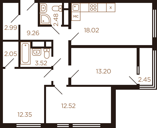 Трёхкомнатная квартира 78.84 м²