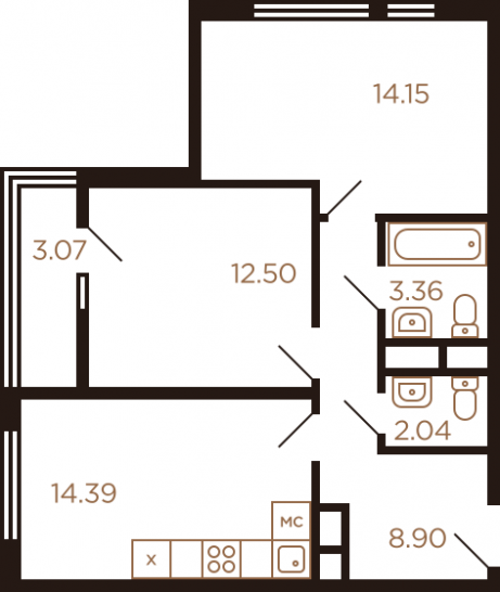 Двухкомнатная квартира 58.41 м²