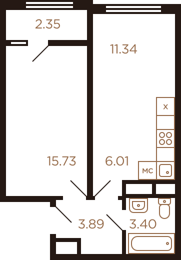 Двухкомнатная квартира 42.72 м²