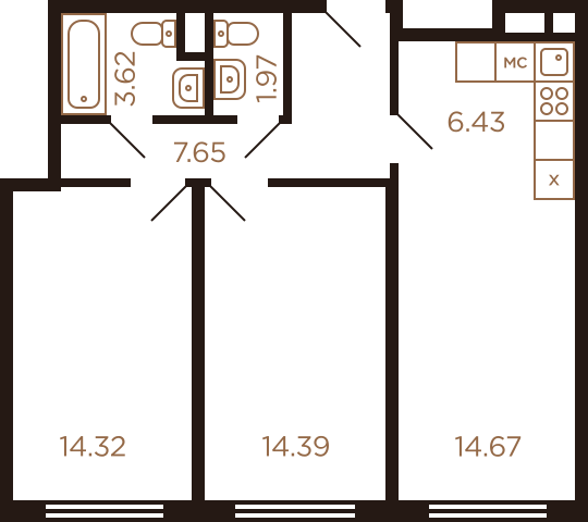 Трёхкомнатная квартира 63.05 м²