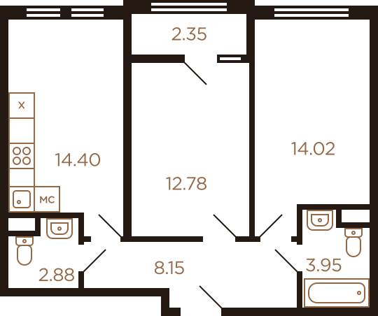 Двухкомнатная квартира 58.53 м²