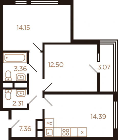 Двухкомнатная квартира 57.14 м²