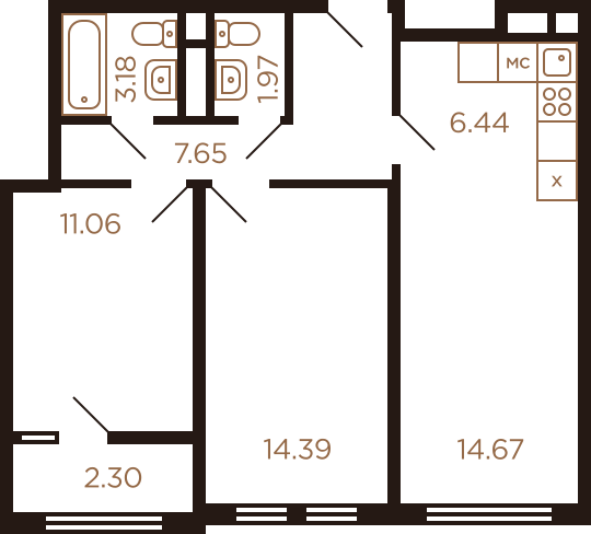 Трёхкомнатная квартира 61.66 м²