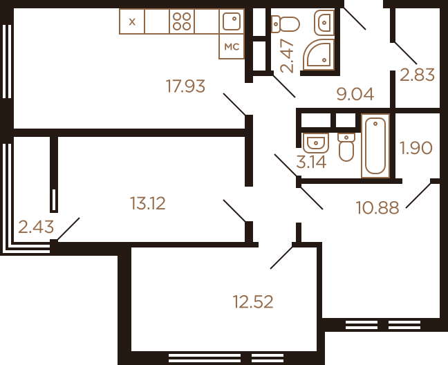 Трёхкомнатная квартира 76.26 м²