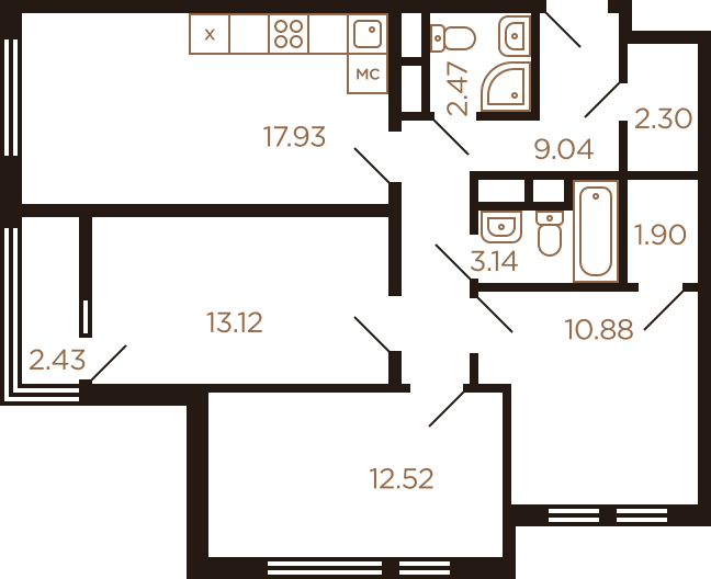 Трёхкомнатная квартира 75.73 м²