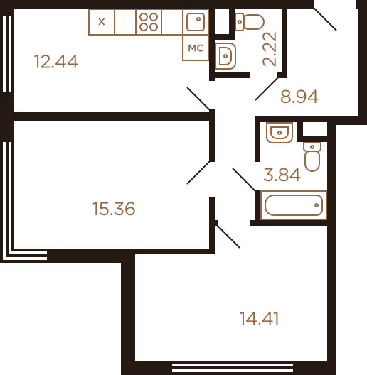 Двухкомнатная квартира 57.21 м²