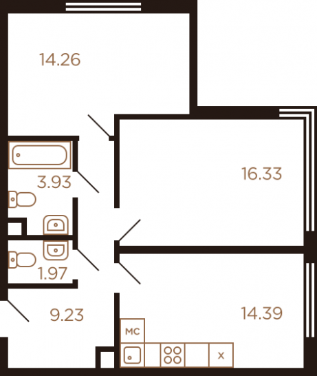 Двухкомнатная квартира 60.11 м²
