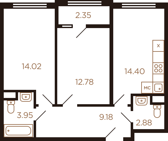 Двухкомнатная квартира 59.56 м²
